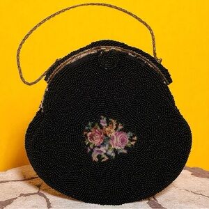 Vintage Black Beaded Floral Design Clasp Handbag Clutch Special Occasion Goth